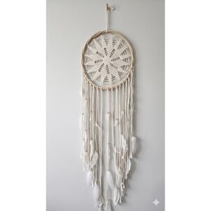 Boho Crochet Dream Catcher Wall Hanging with Wood Beads and Feathers Off-White